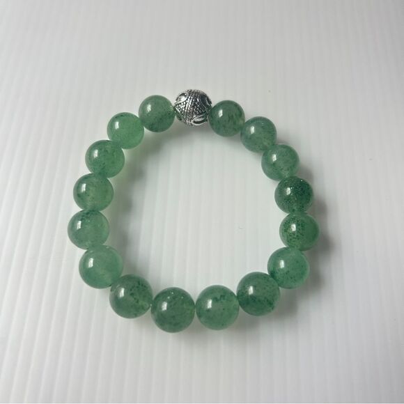 Green Phantom Quartz Beaded Bracelet with Silver Accent 11mm fits 15-17cm wrist - Picture 1 of 6